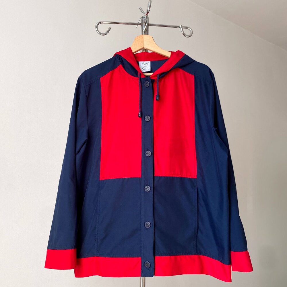🍂 80s Vintage Navy & Red Color Block Hooded Jacket — Boxy Fit Outdoor Windbreak
